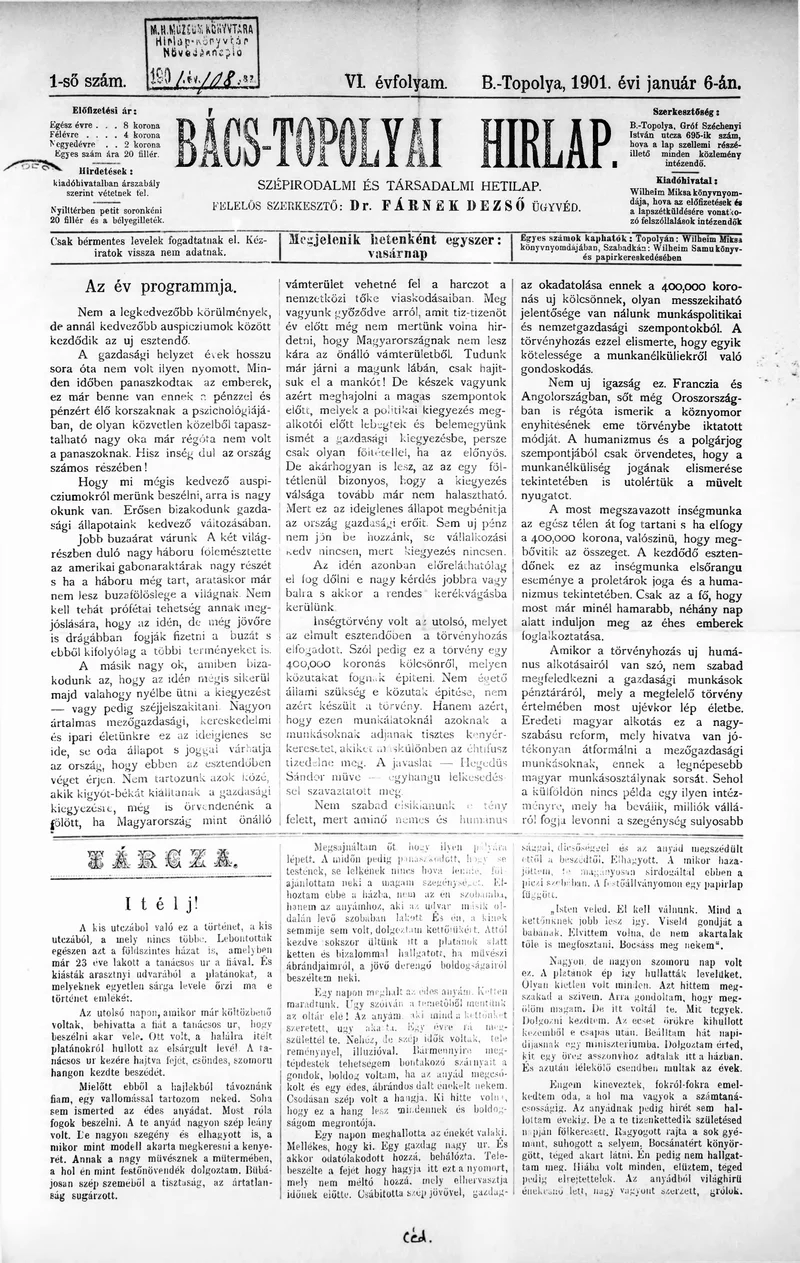 Bács-Topolyai Hirlap, 6. évf. 1901. január 6. 1. sz.