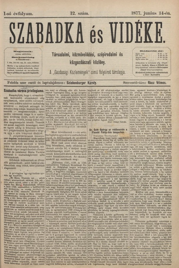 Szabadka és vidéke, 1. évf. 1877. június 14. 12. sz.