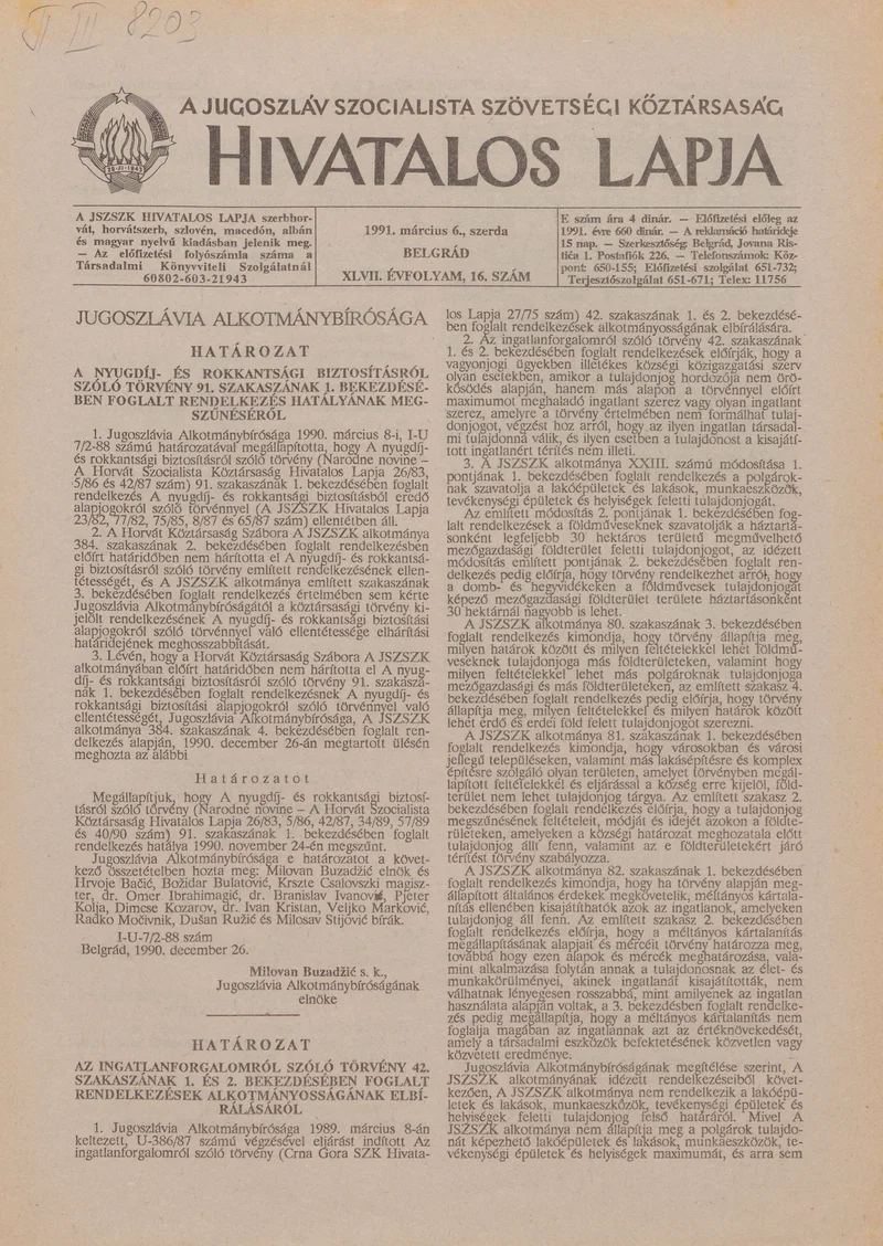 A Jugoszláv Szocialista Szövetségi Köztársaság Hivatalos Lapja, 47. évf. 1991. március 6. 16. sz. 261–264. oldal