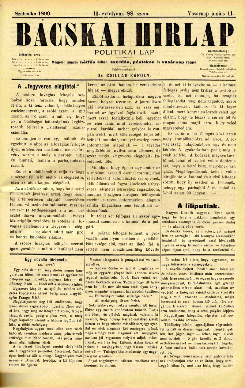 Bácskai Hirlap, 3. évf. 1899. június 11. 88. sz.