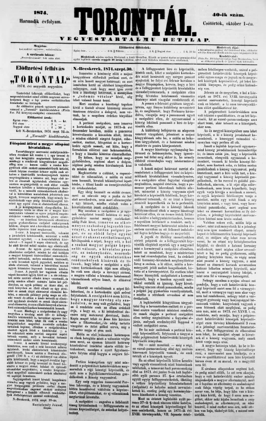 Torontál, 3. évf. 1874. október 1. 40. sz.