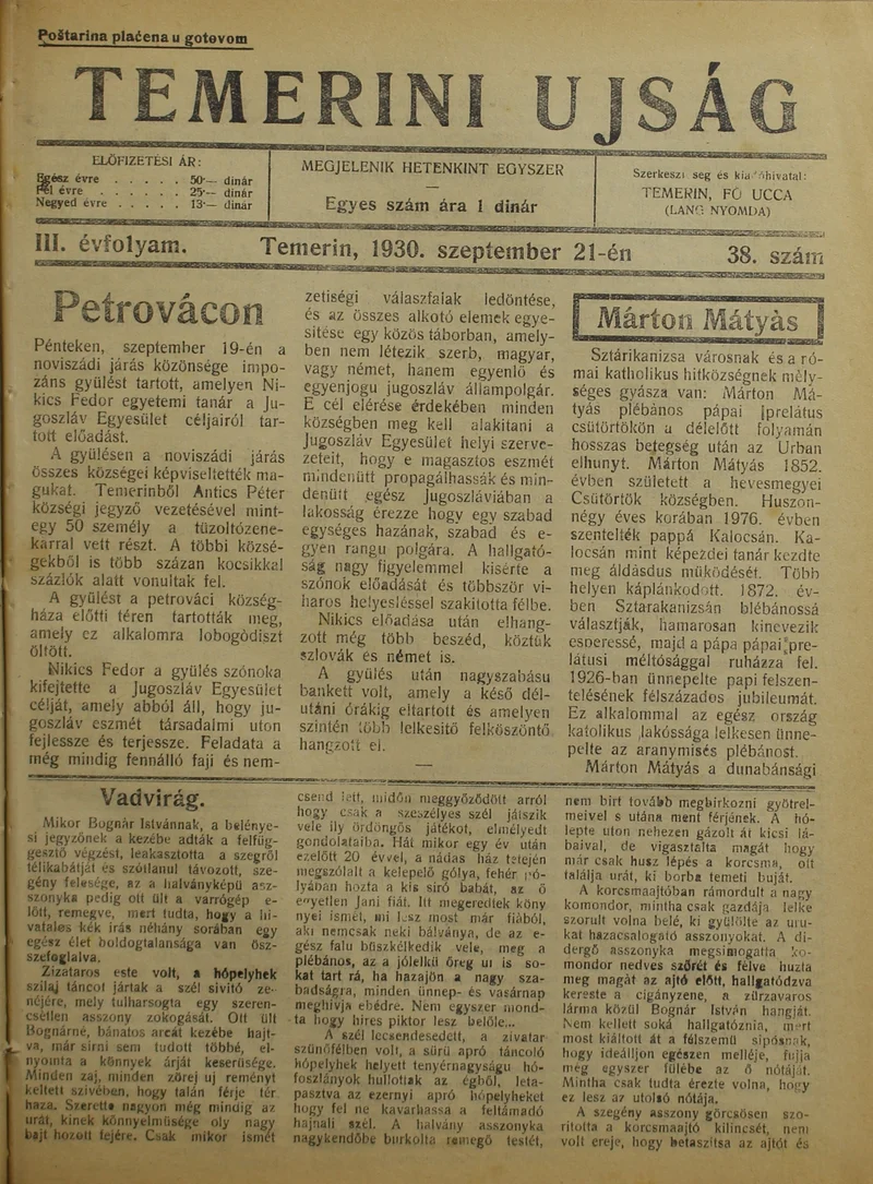 Temerini Újság 1928-1944, 3. évf. 1930. szeptember 21. 38. sz.