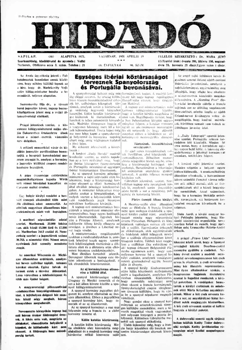 Híradó, 60. évf. 1931. április 19. 90. sz.