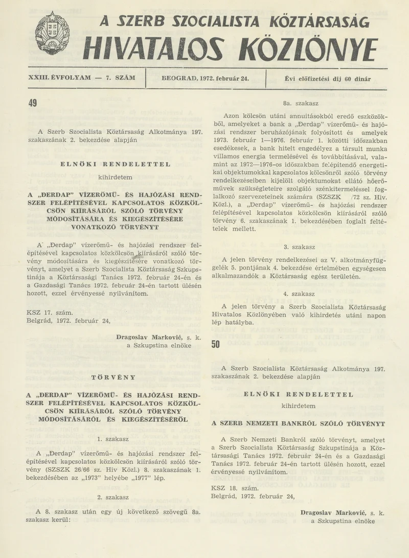 A Szerb Szocialista Köztársaság Hivatalos Közlönye, 28. évf. 1972. február 24. 7. sz. 209–212. oldal