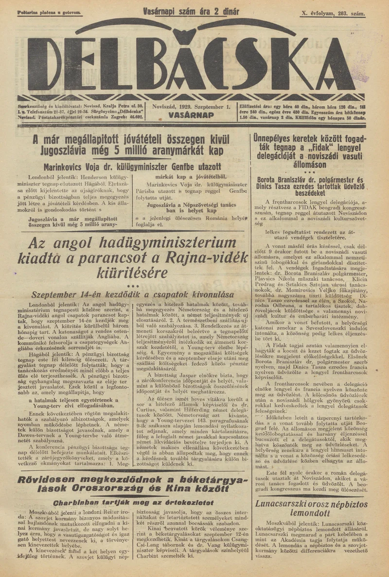 Délbácska, 10. évf. 1929. szeptember 1. 203. sz.