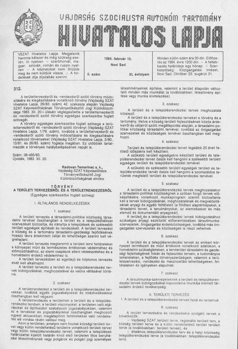 Vajdaság Szocialista Autonóm Tartomány Hivatalos Lapja, 40. évf. 1984. február 15. 5. sz.