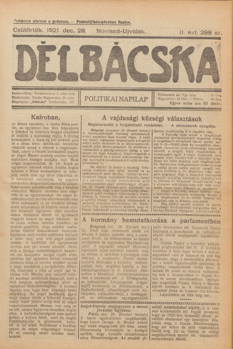 Délbácska, 2. évf. 1921. december 29. 298. sz.