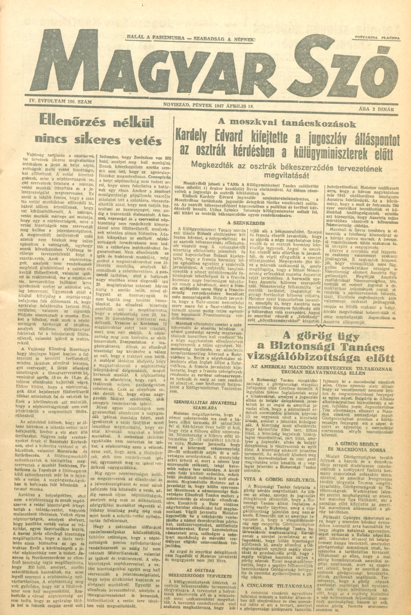 Magyar Szó, 4. évf. 1947. április 18. 100. sz. 1–6. oldal