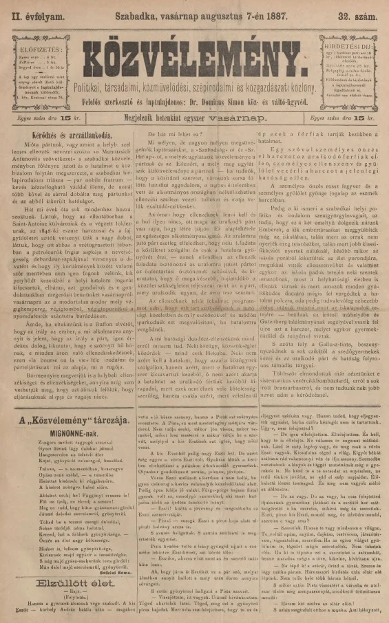 Közvélemény, 2. évf. 1887. augusztus 7. 32. sz.
