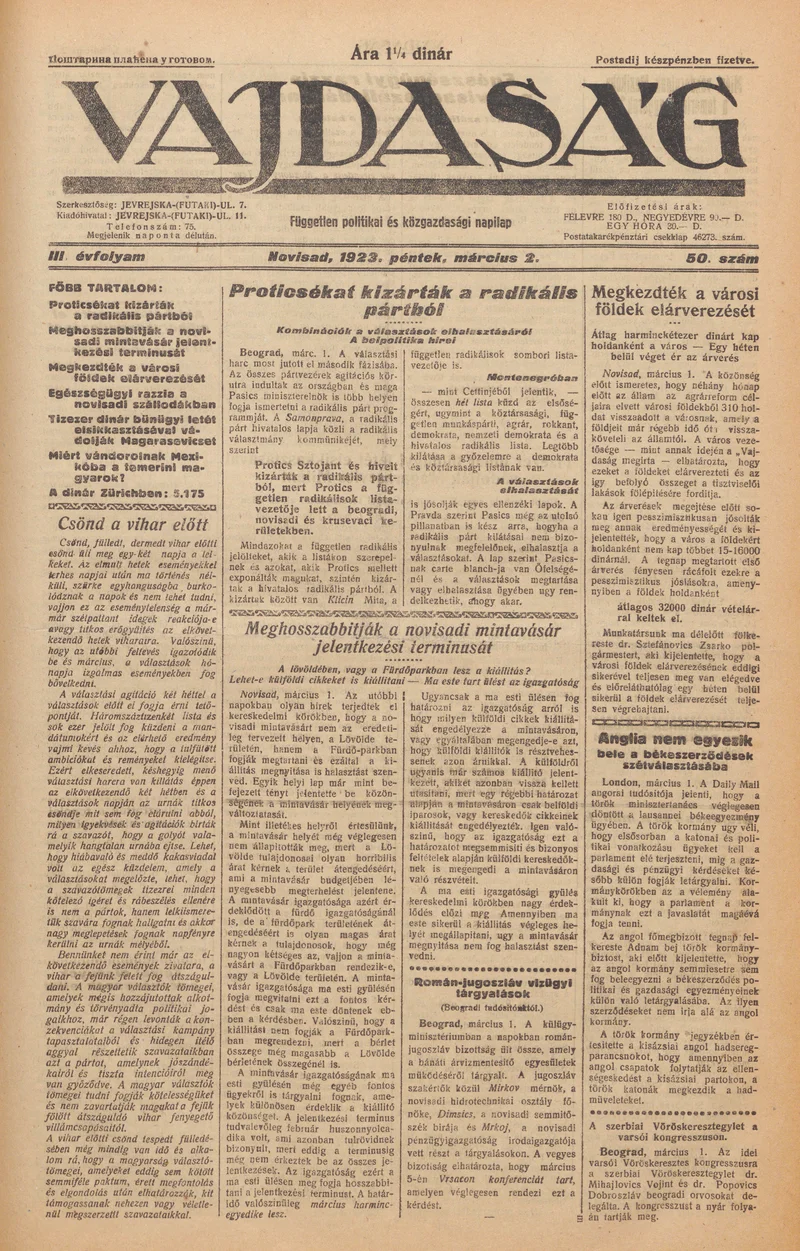 Vajdaság, 3. évf. 1923. március 2. 50. sz.