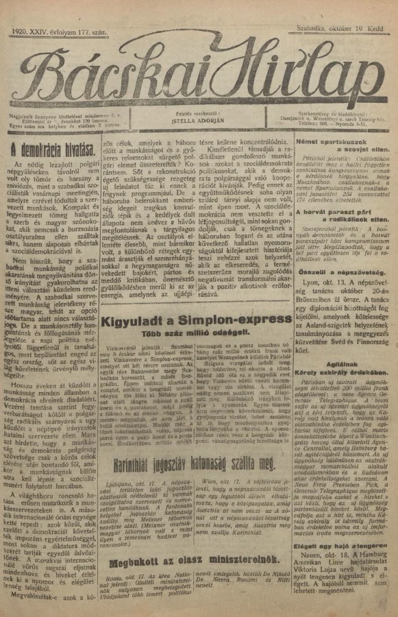 Bácskai Hirlap, 24. évf. 1920. október 19. 177. sz.