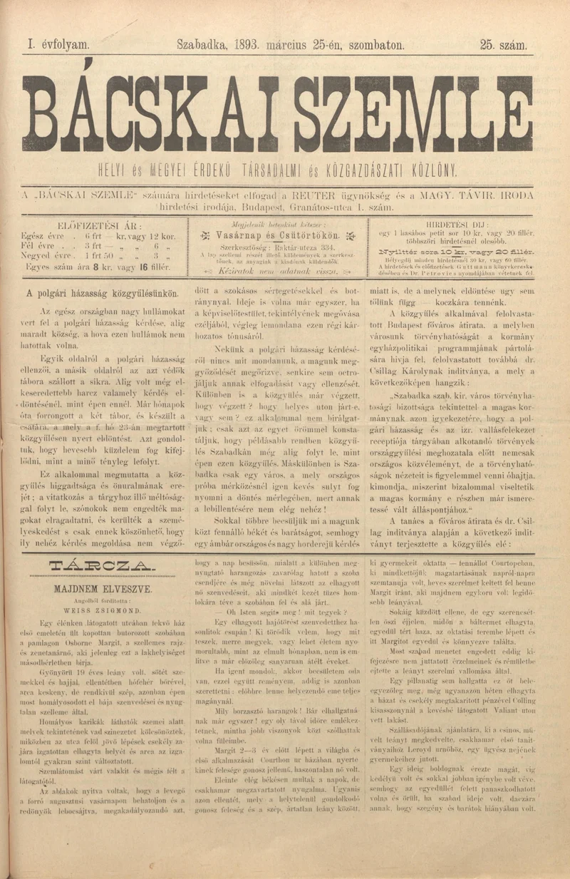 Bácskai Szemle, 1. évf. 1893. március 25. 25. sz.