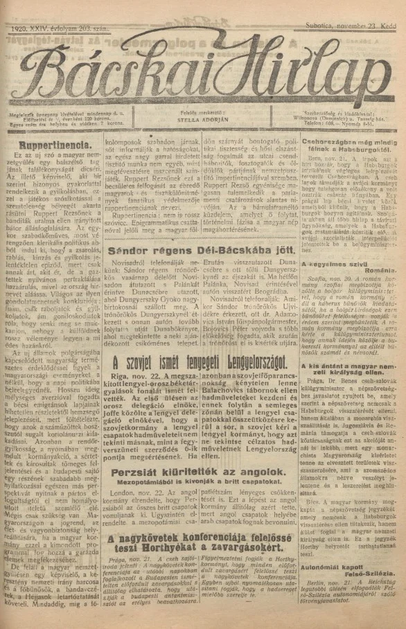 Bácskai Hirlap, 24. évf. 1920. november 23. 203. sz.