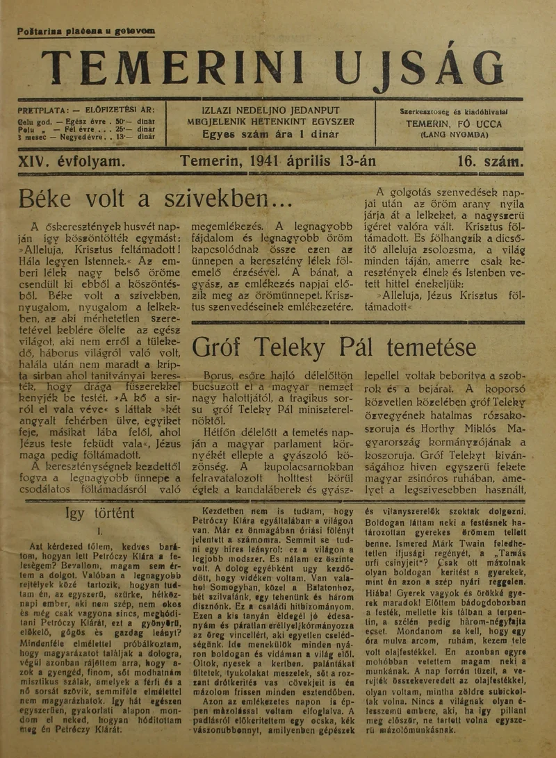 Temerini Újság 1928-1944, 14. évf. 1941. április 13. 16. sz.
