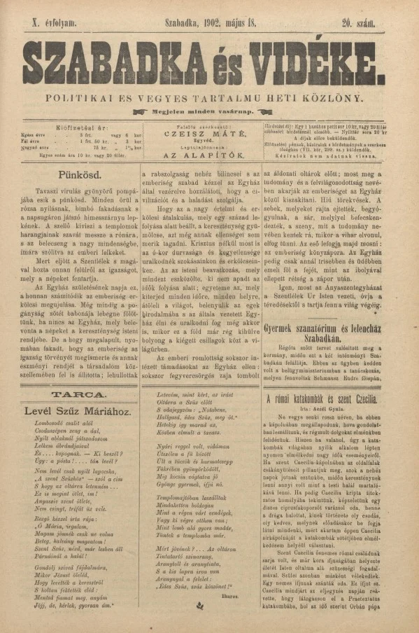 Szabadka és vidéke II, 10. évf. 1902. május 18. 20. sz.
