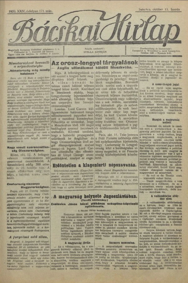 Bácskai Hirlap, 24. évf. 1920. október 13. 172. sz.