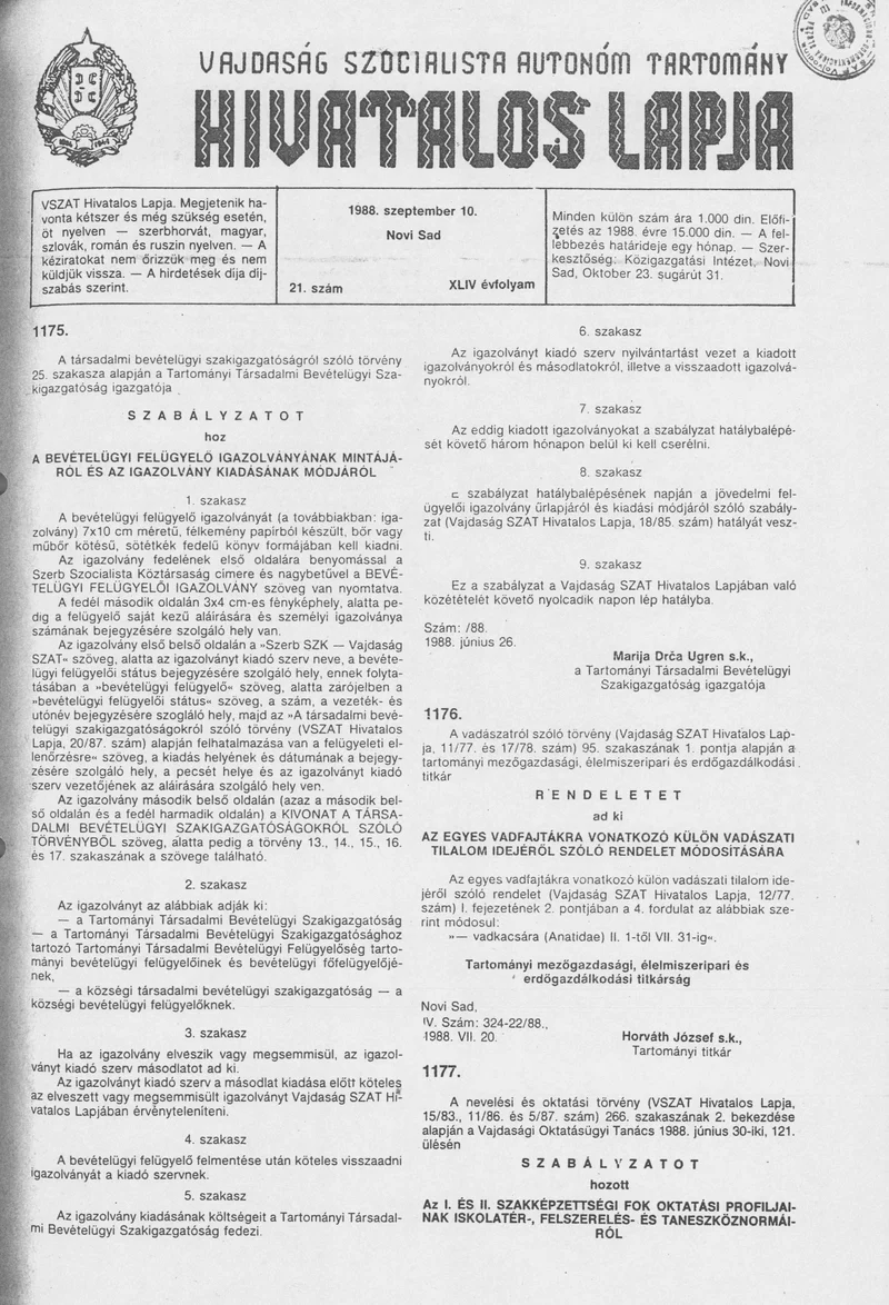 Vajdaság Szocialista Autonóm Tartomány Hivatalos Lapja, 44. évf. 1988. szeptember 10. 21. sz.