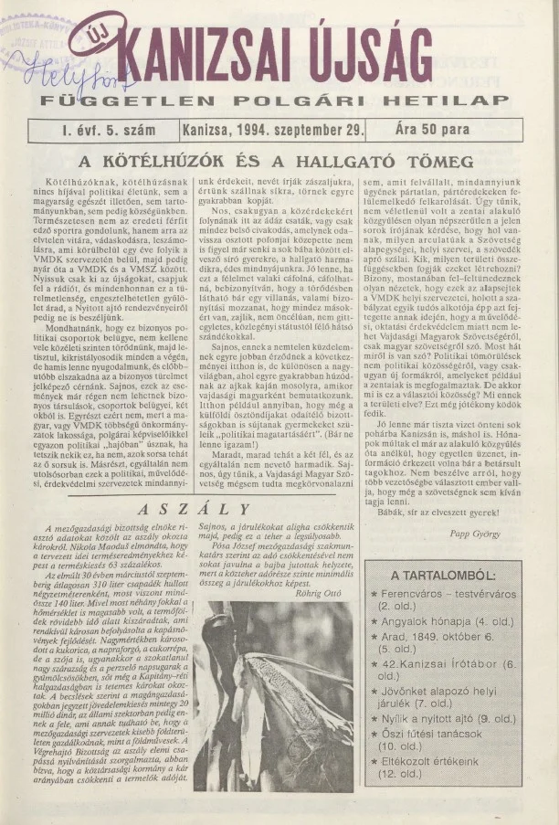 Új Kanizsai Újság, 1. évf. 1994. szeptember 29. 5. sz.