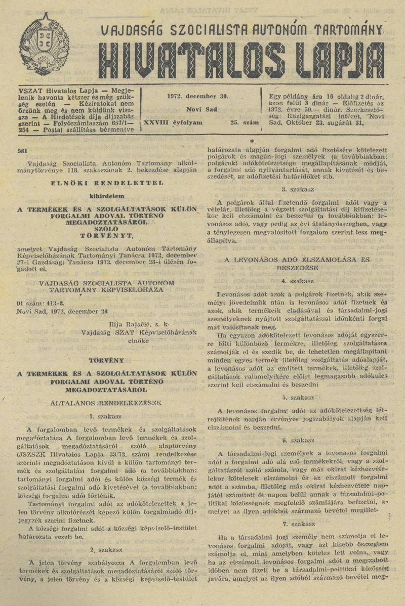 Vajdaság Szocialista Autonóm Tartomány Hivatalos Lapja, 28. évf. 1972. december 30. 25. sz. 857–868. oldal