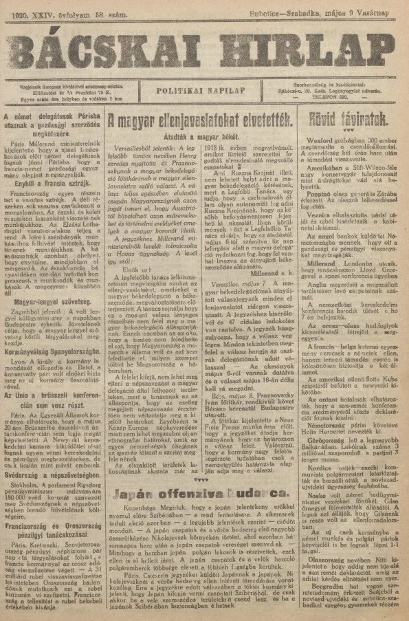 Bácskai Hirlap, 24. évf. 1920. május 9. 58. sz.
