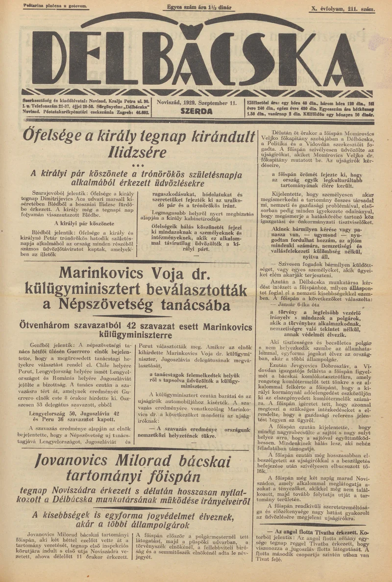 Délbácska, 10. évf. 1929. szeptember 11. 211. sz.