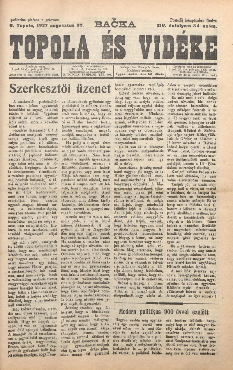 Bačka Topola és Vidéke, 14. évf. 1937. augusztus 22. 34. sz.