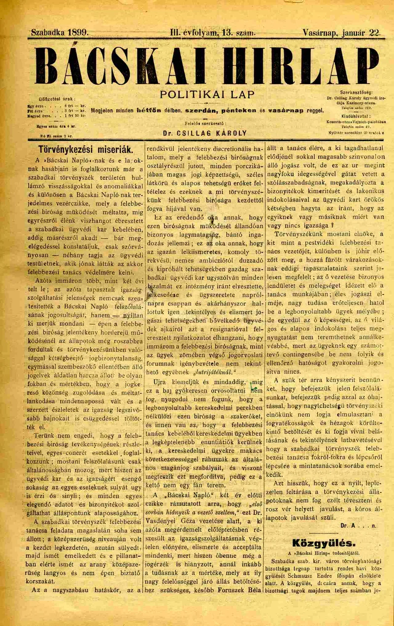 Bácskai Hirlap, 3. évf. 1899. január 22. 13. sz.