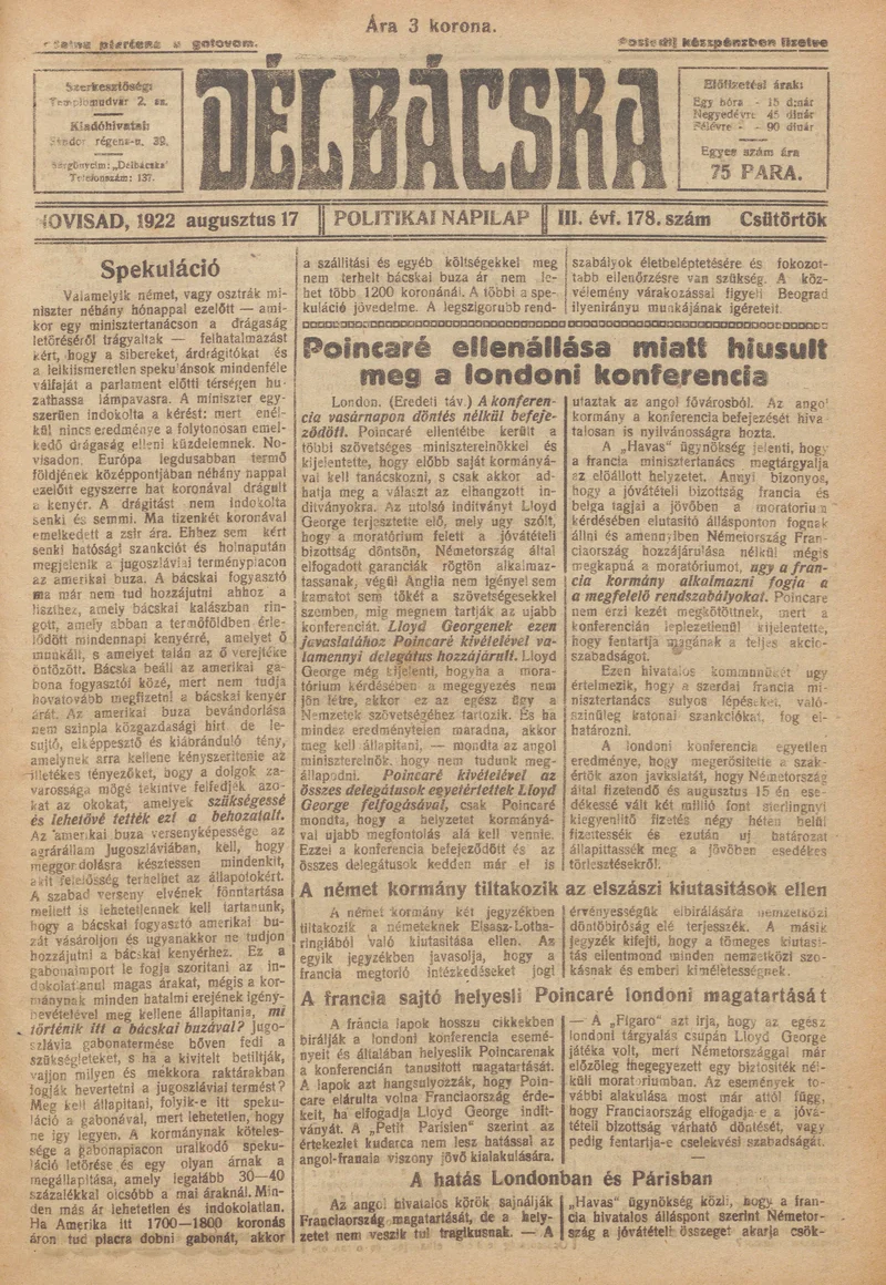 Délbácska, 3. évf. 1922. augusztus 17. 178. sz.
