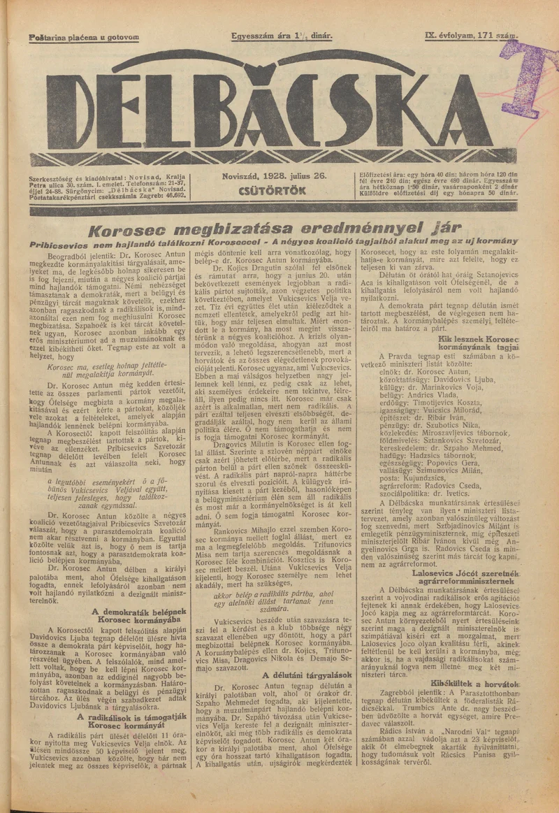 Délbácska, 9. évf. 1928. július 26. 171. sz.