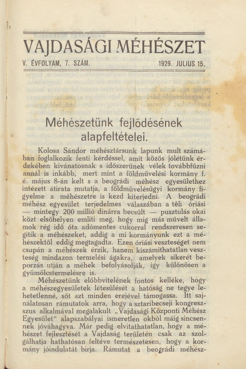 Vajdasági méhészet, 4. évf. 1929. július 15. 7. sz.