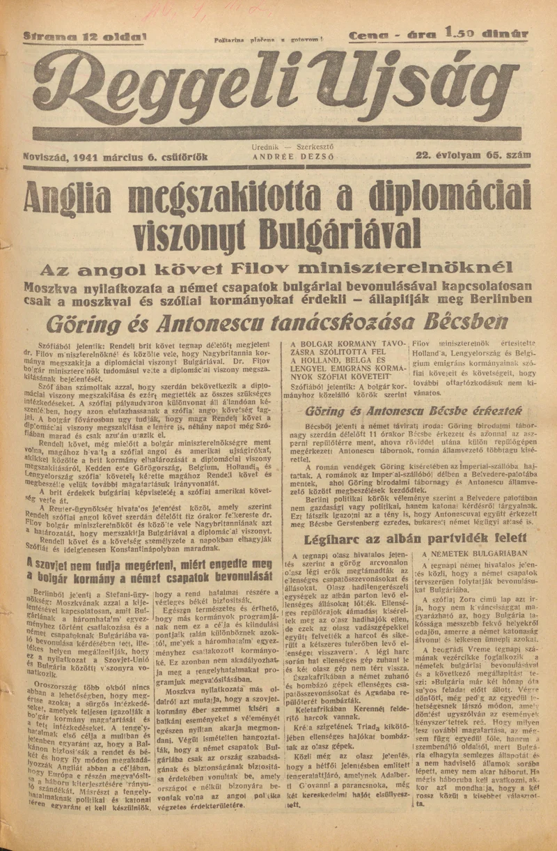 Reggeli Újság, 22. évf. 1941. március 6. 65. sz.