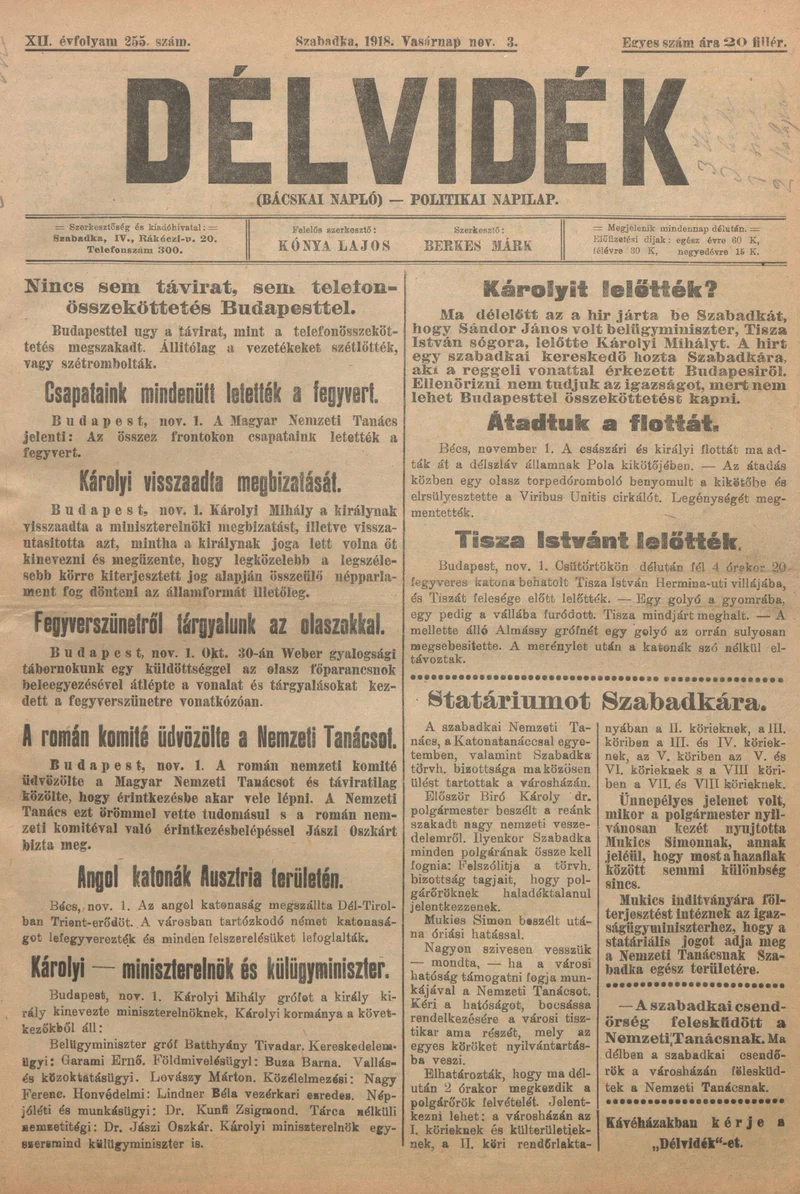 Délvidék, 12. évf. 1918. november 3. 255. sz.