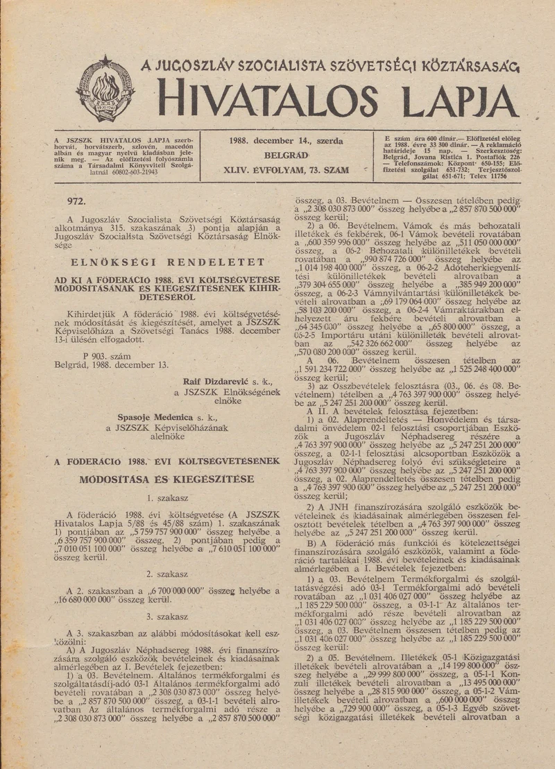 A Jugoszláv Szocialista Szövetségi Köztársaság Hivatalos Lapja, 44. évf. 1988. december 14. 73. sz. 1849–1852. oldal