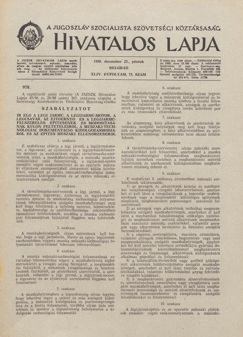 A Jugoszláv Szocialista Szövetségi Köztársaság Hivatalos Lapja, 44. évf. 1988. december 23. 75. sz. 1893–1916. oldal