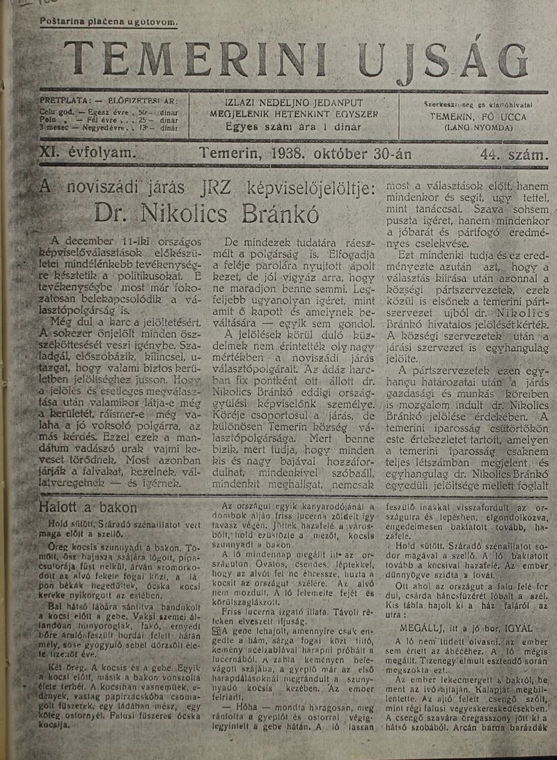 Temerini Újság 1928-1944, 11. évf. 1938. október 30. 44. sz.