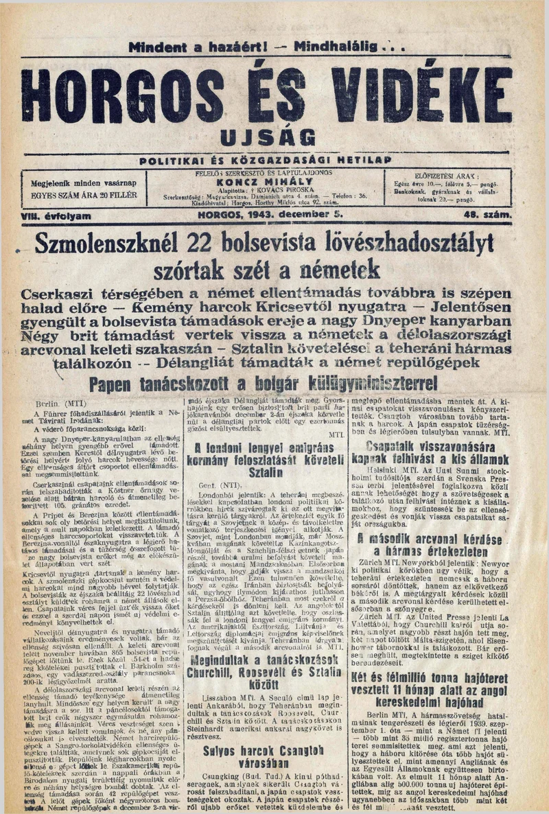 Horgos és vidéke, 8. évf. 1943. december 5. 48. sz.