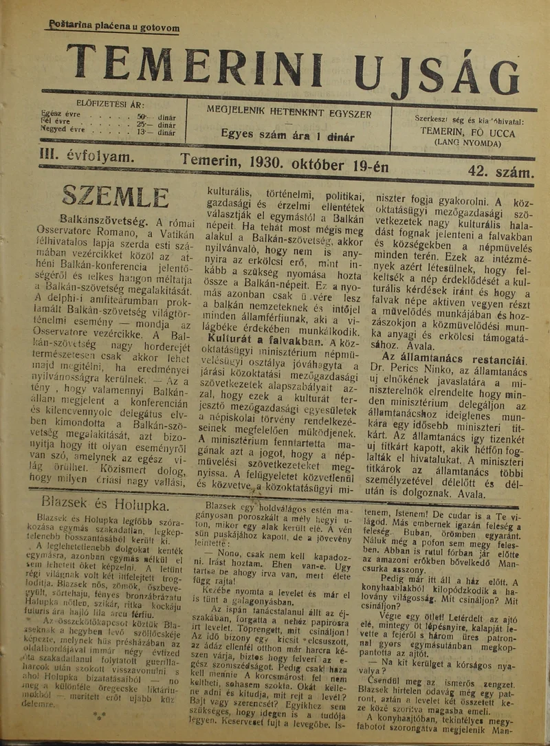 Temerini Újság 1928-1944, 3. évf. 1930. október 19. 42. sz.