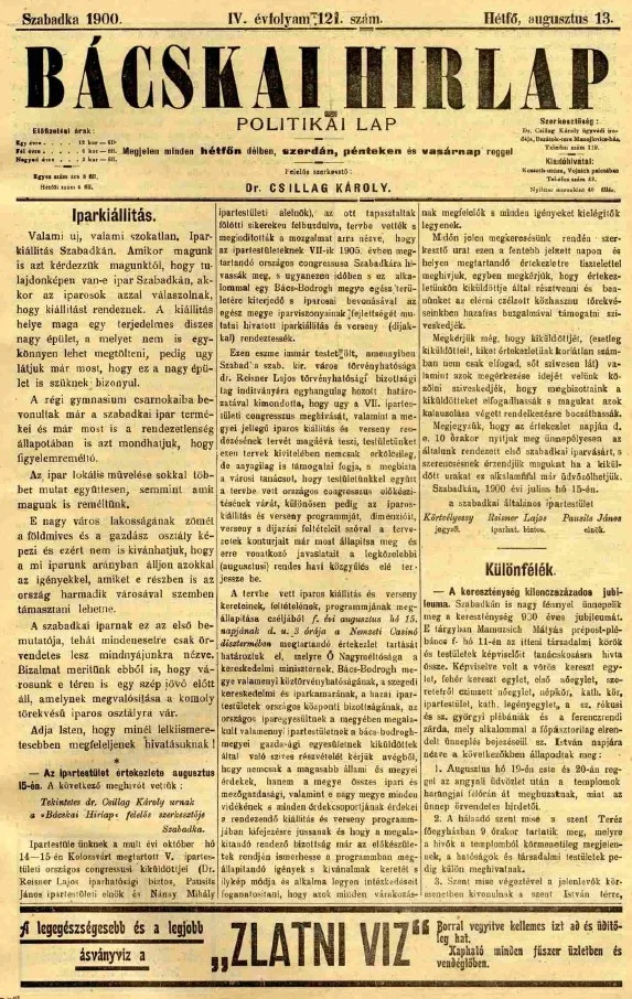 Bácskai Hirlap, 4. évf. 1900. augusztus 13. 121. sz.