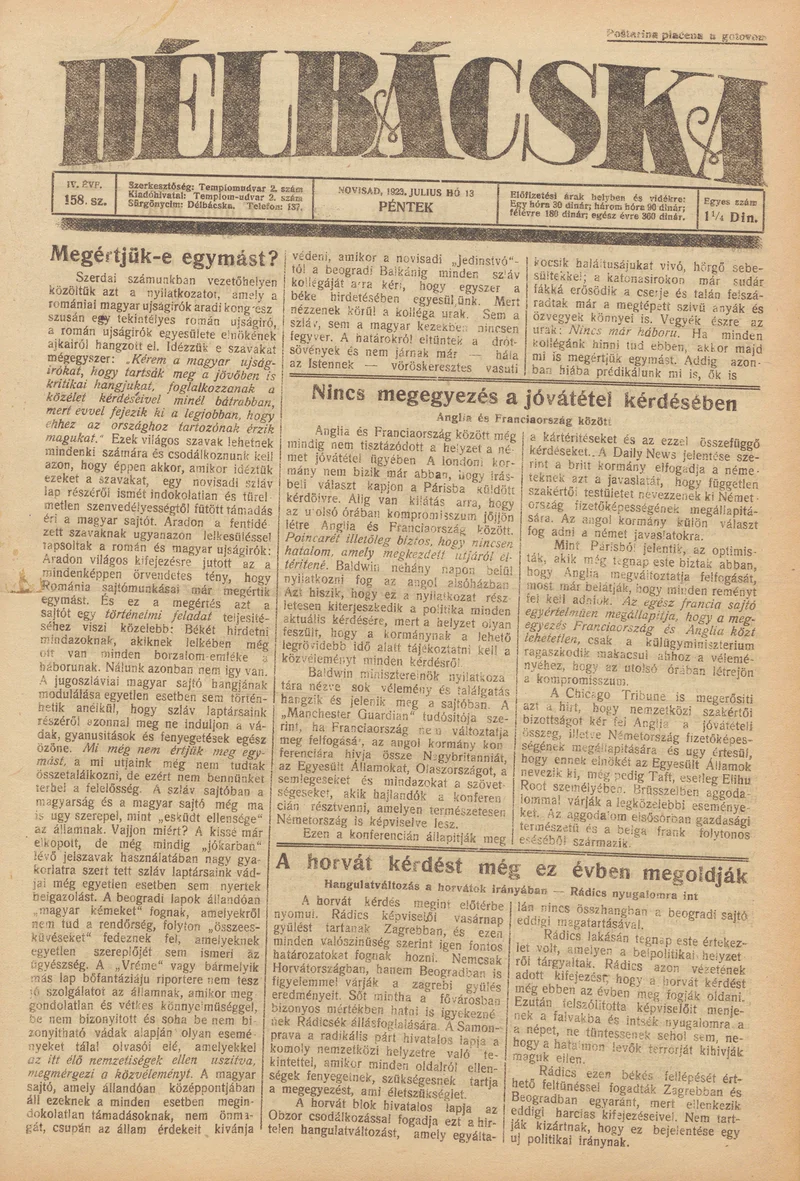 Délbácska, 4. évf. 1923. július 13. 158. sz.