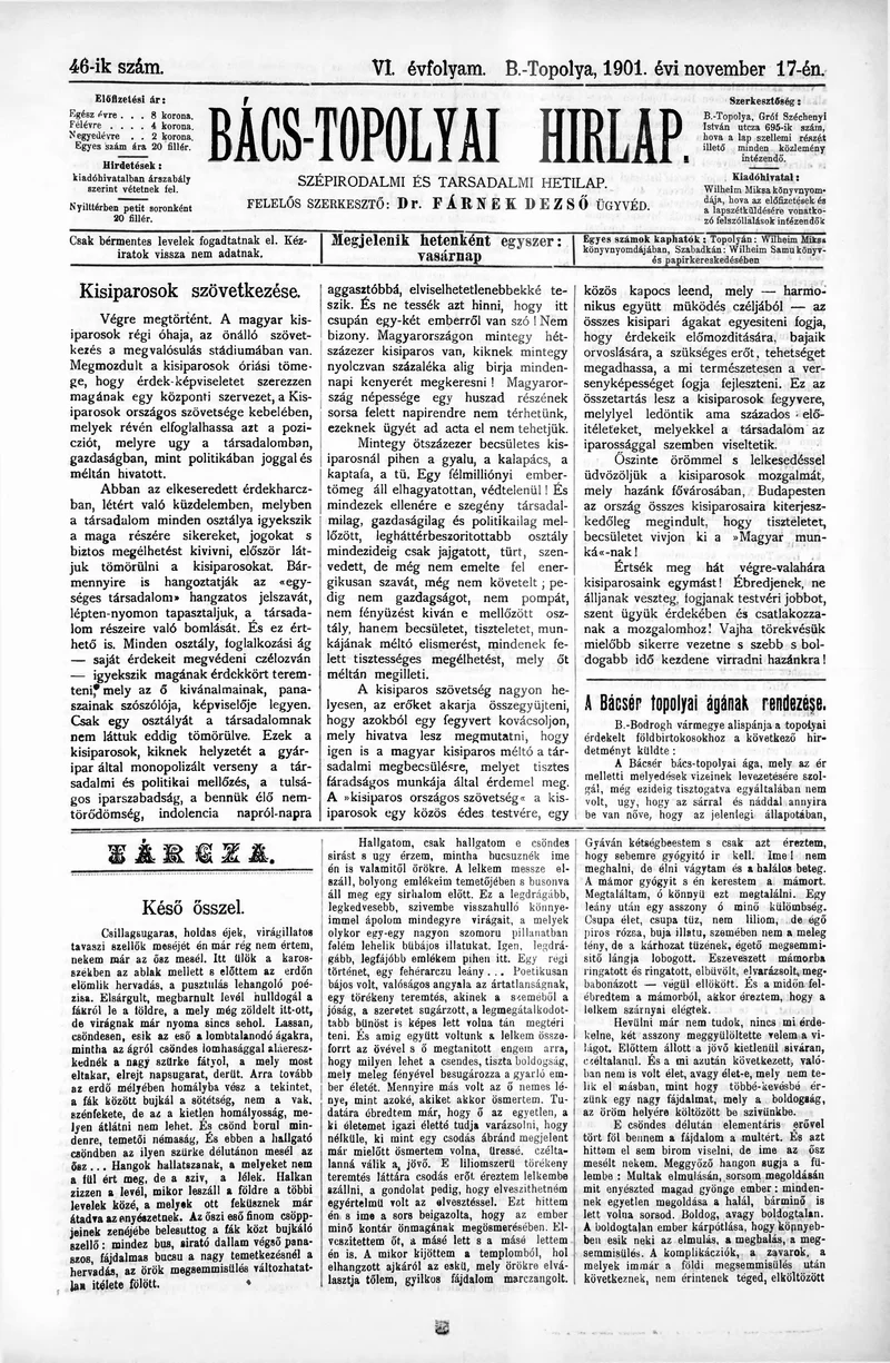 Bács-Topolyai Hirlap, 6. évf. 1901. november 17. 46. sz.