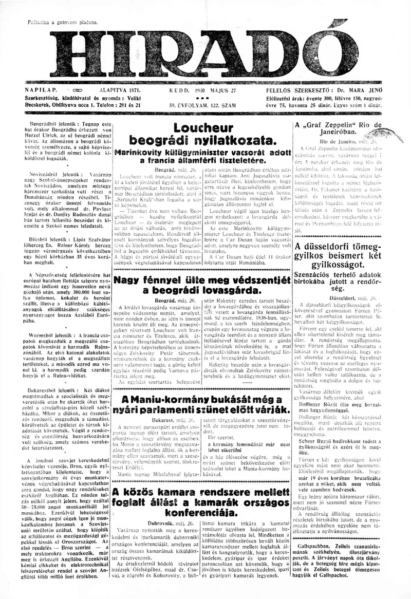 Híradó, 59. évf. 1930. május 27. 122. sz.