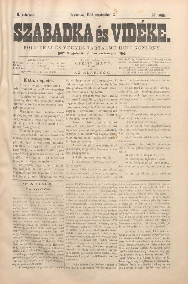 Szabadka és vidéke II, 2. évf. 1894. szeptember 8. 36. sz.