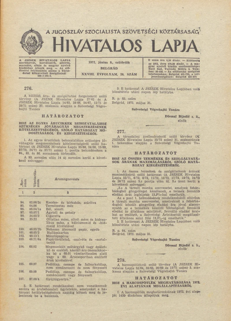 A Jugoszláv Szocialista Szövetségi Köztársaság Hivatalos Lapja, 28. évf. 1972. június 8. 28. sz. 545–572. oldal