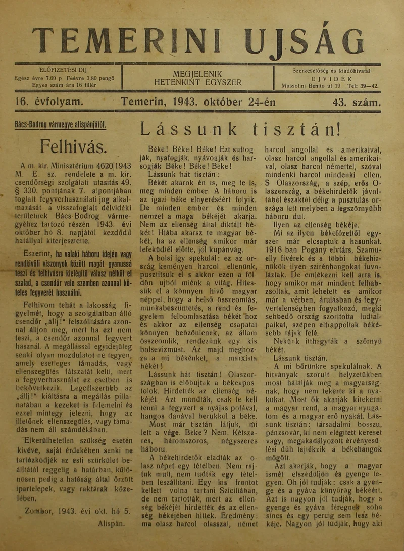 Temerini Újság 1928-1944, 16. évf. 1943. október 24. 43. sz.