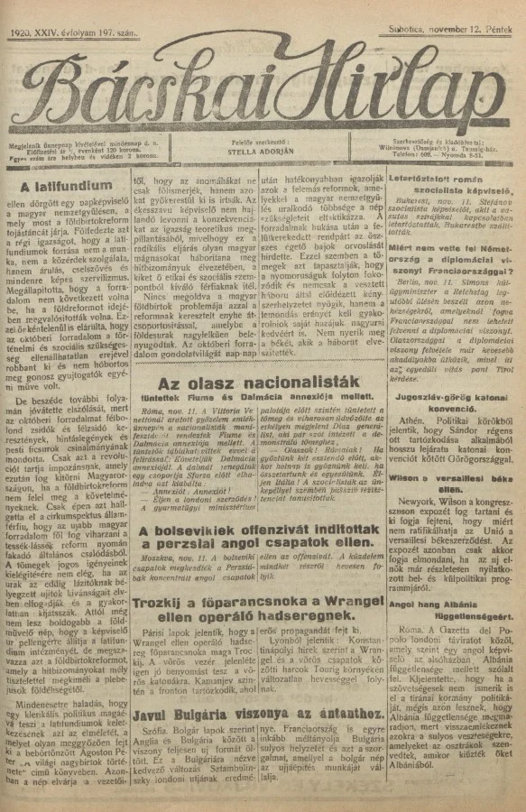 Bácskai Hirlap, 24. évf. 1920. november 12. 197. sz.