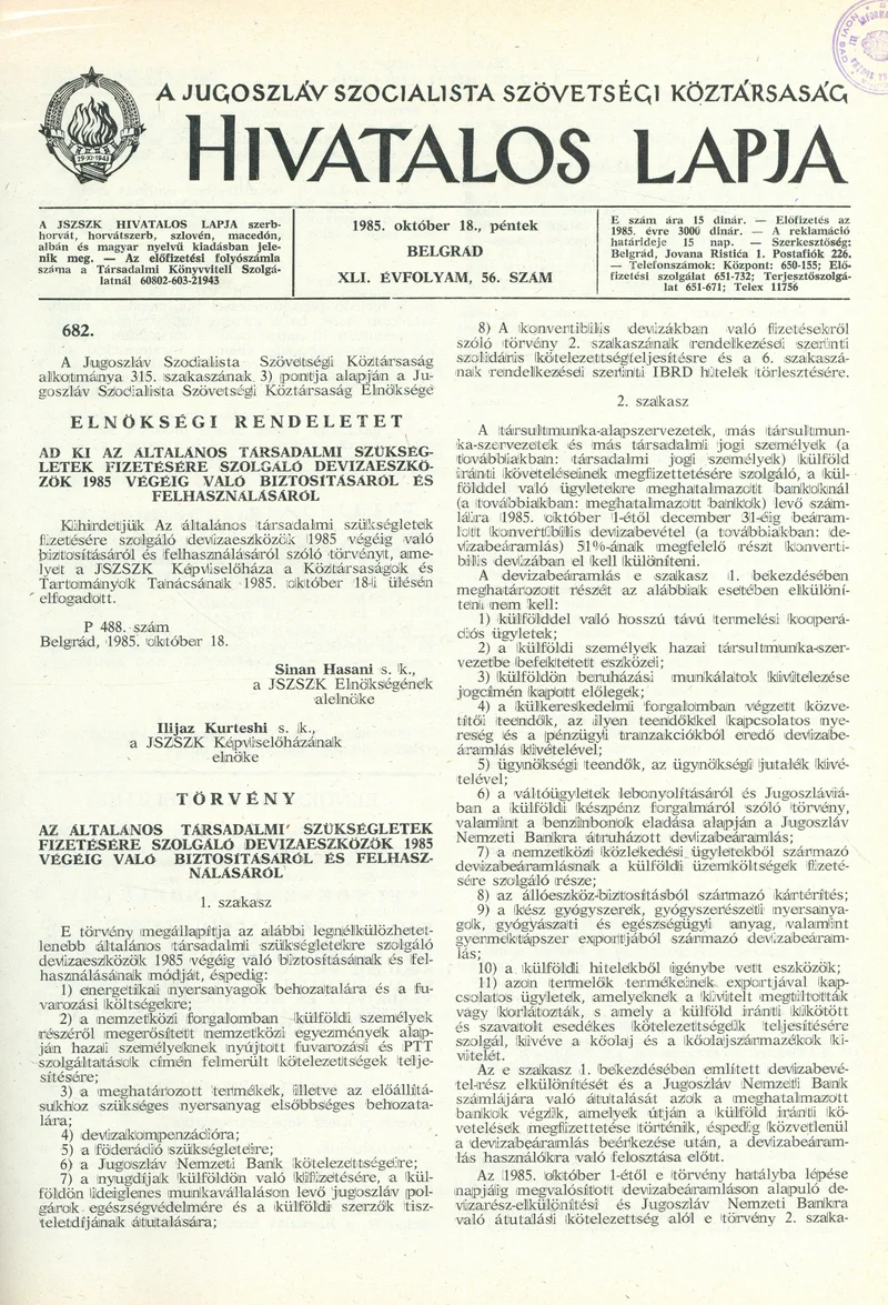 A Jugoszláv Szocialista Szövetségi Köztársaság Hivatalos Lapja, 41. évf. 1985. október 18. 56. sz. 1497–1503. oldal