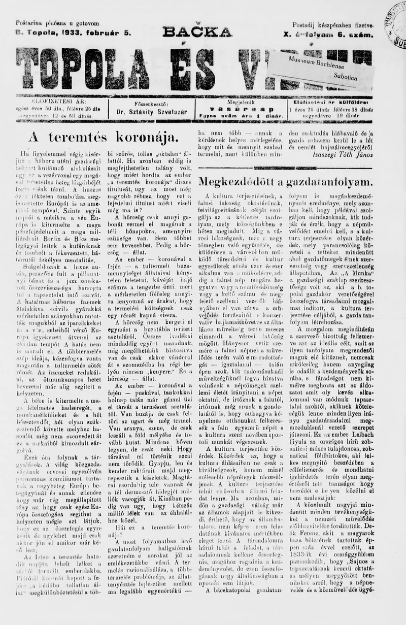 Bačka Topola és Vidéke, 10. évf. 1933. február 5. 6. sz.