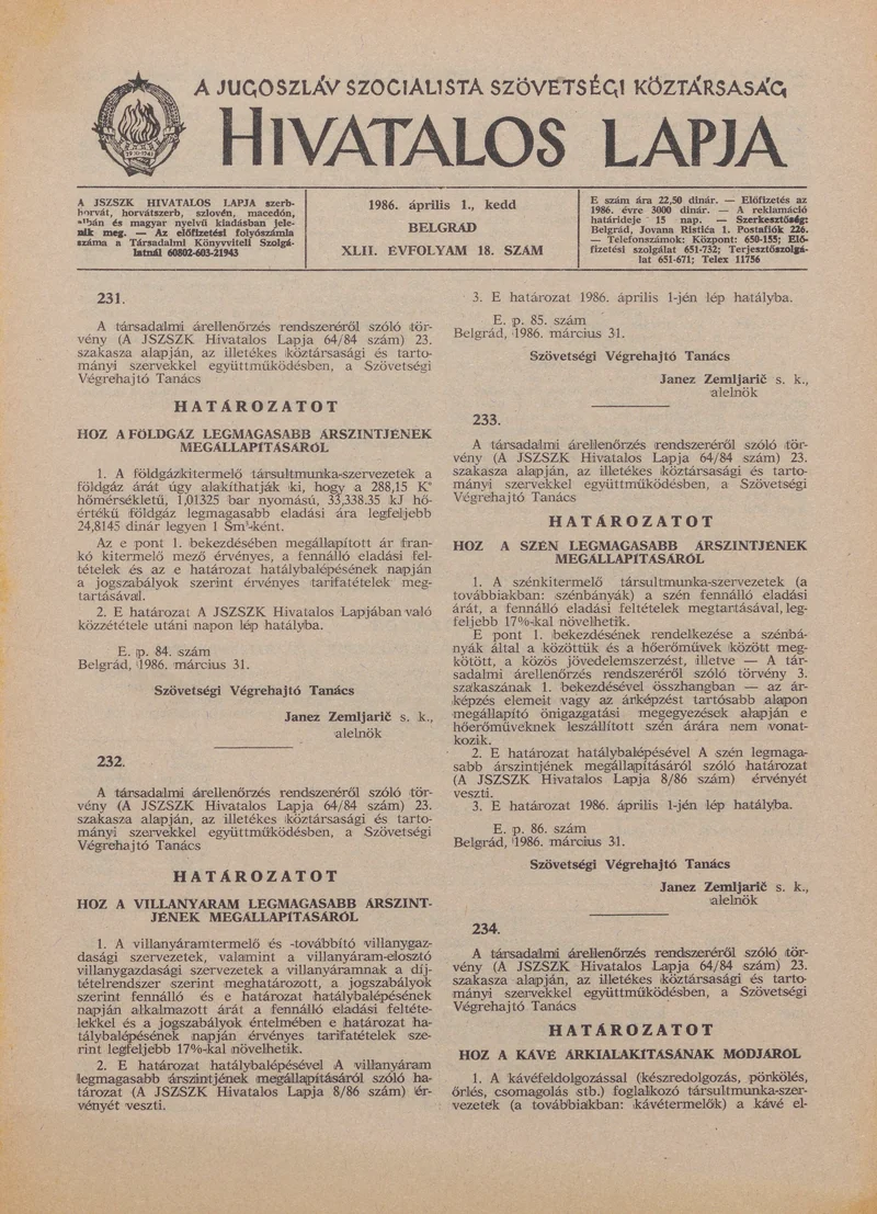 A Jugoszláv Szocialista Szövetségi Köztársaság Hivatalos Lapja, 42. évf. 1986. április 1. 18. sz. 461–476. oldal
