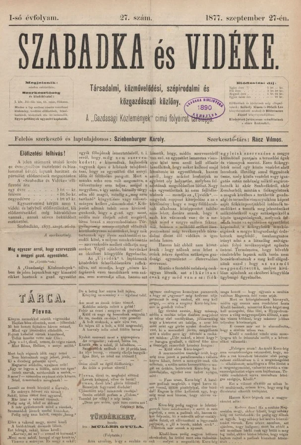 Szabadka és vidéke, 1. évf. 1877. szeptember 27. 27. sz.