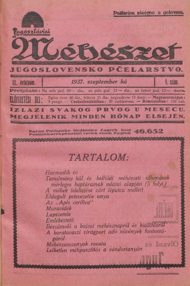 Jugoszláviai méhészet, 3. évf. 1937. szeptember 1. 9. sz.